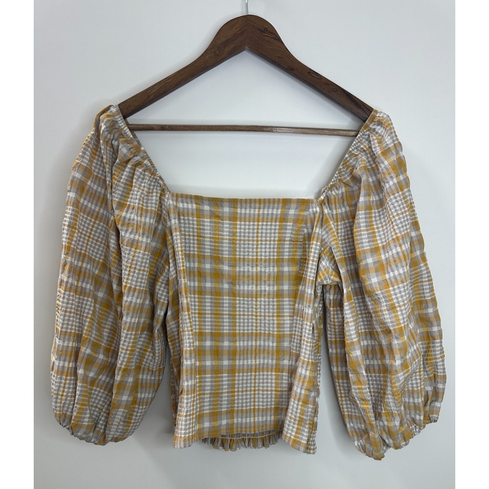 Maeve Anthropologie Gingham Plaid Smocked Puff Sleeve Ruffle Top XS Square Neck - Picture 2 of 13